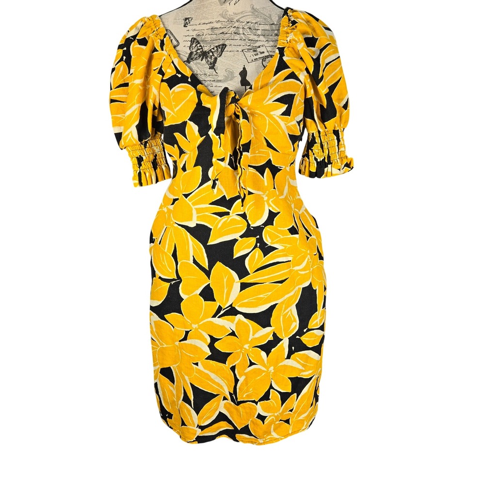 Who What Wear Womens XS Yellow Floral Linen Blend Tie Front Puff Sleeve Dress